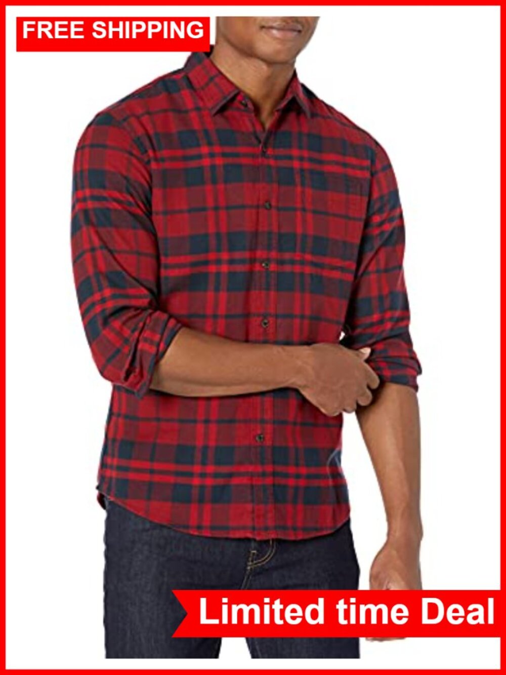 Men's Slim-Fit Long-Sleeve Flannel Shirt 100% Cotton Plaid Button Down